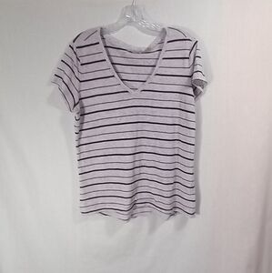 Athleta Gray Black Striped Linen Blend V-neck Short Sleeve Tee Size L